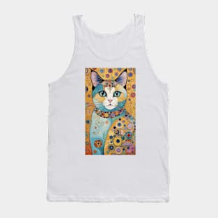 Gustav Klimt's Chromatic Whiskers: Colorful Cat Illustration Tank Top